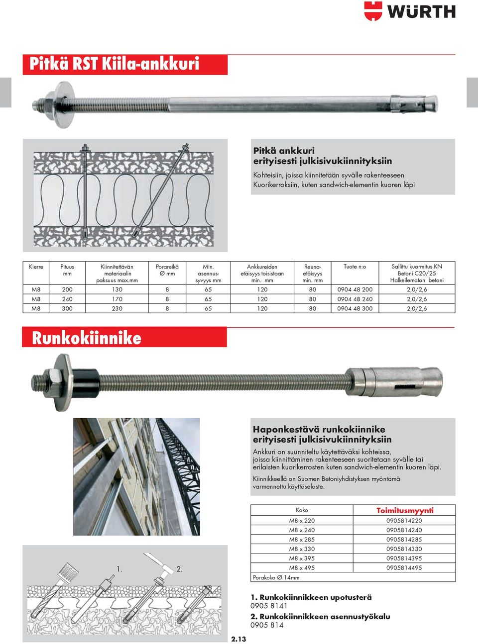 Tuote n:o Sallittu kuormitus KN Betoni C20/25 Halkeilematon betoni M8 200 130 8 65 120 80 0904 48 200 2,0/2,6 M8 240 170 8 65 120 80 0904 48 240 2,0/2,6 M8 300 230 8 65 120 80 0904 48 300 2,0/2,6