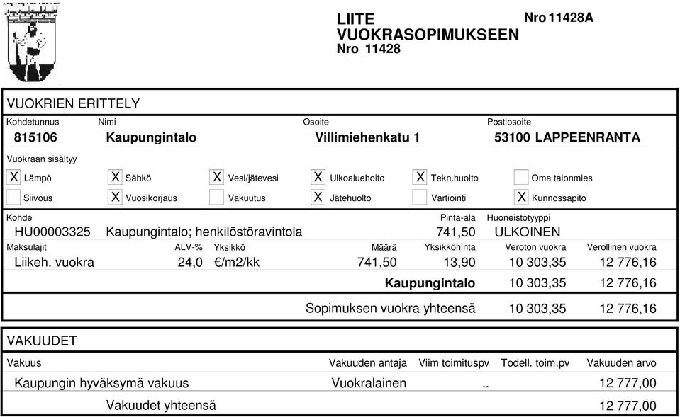 Maksulajit ALV-% Yksikkö Määrä Yksikköhinta Veroton vuokra Verollinen vuokra Liikeh.