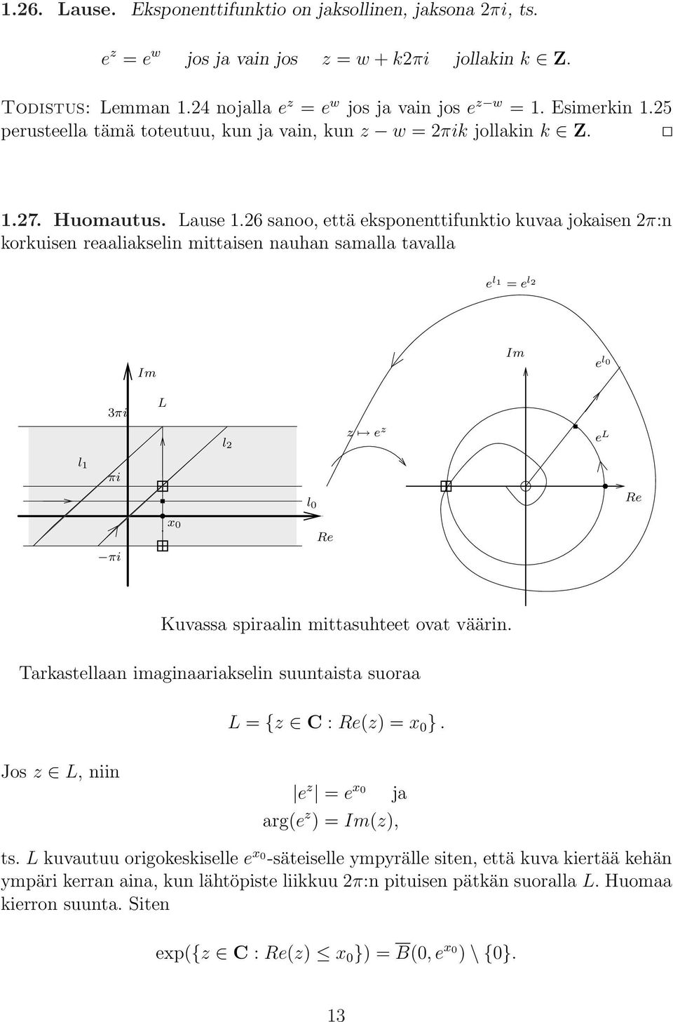 26 sanoo, että eksponenttifunktio kuvaa jokaisen 2π:n korkuisen reaaliakselin mittaisen nauhan samalla tavalla e l 1 = e l 2 Im Im e l 0 3πi L l 2 z e z e L l 1 πi l 0 Re πi x 0 Re Kuvassa spiraalin