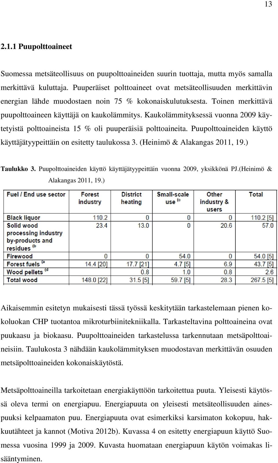 Kaukolämmityksessä vuonna 2009 käytetyistä polttoaineista 15 % oli puuperäisiä polttoaineita. Puupolttoaineiden käyttö käyttäjätyypeittäin on esitetty taulukossa 3. (Heinimö & Alakangas 2011, 19.