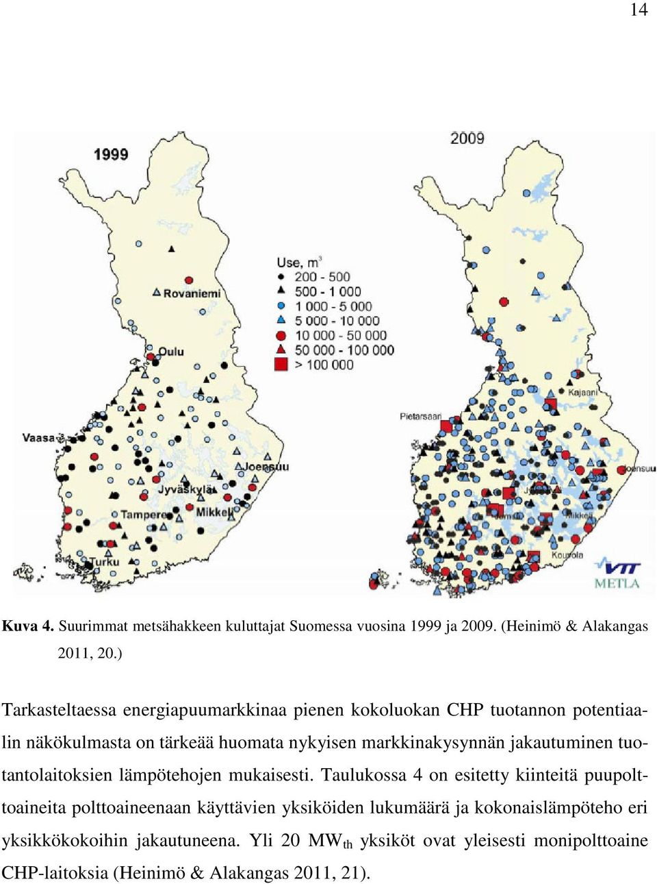 markkinakysynnän jakautuminen tuotantolaitoksien lämpötehojen mukaisesti.