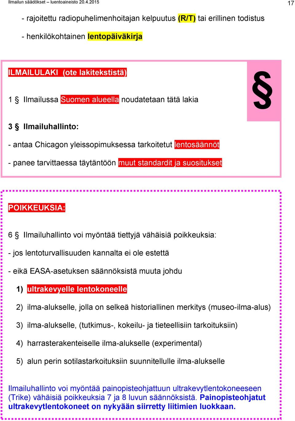 lakia 3 Ilmailuhallinto: - antaa Chicagon yleissopimuksessa tarkoitetut lentosäännöt - panee tarvittaessa täytäntöön muut standardit ja suositukset POIKKEUKSIA: 6 Ilmailuhallinto voi myöntää tiettyjä