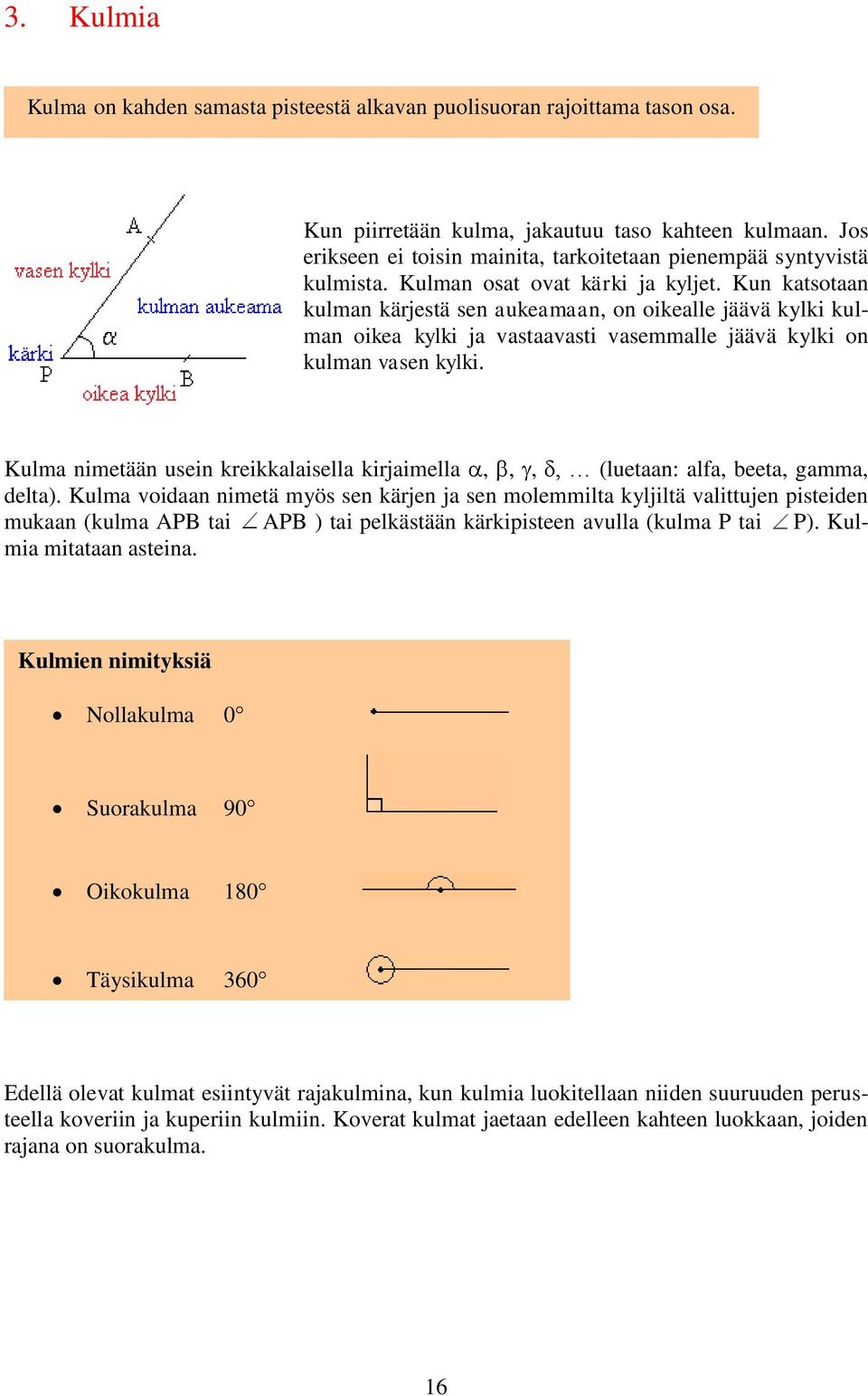 Kun katsotaan kulman kärjestä sen aukeamaan, on oikealle jäävä kylki kulman oikea kylki ja vastaavasti vasemmalle jäävä kylki on kulman vasen kylki.