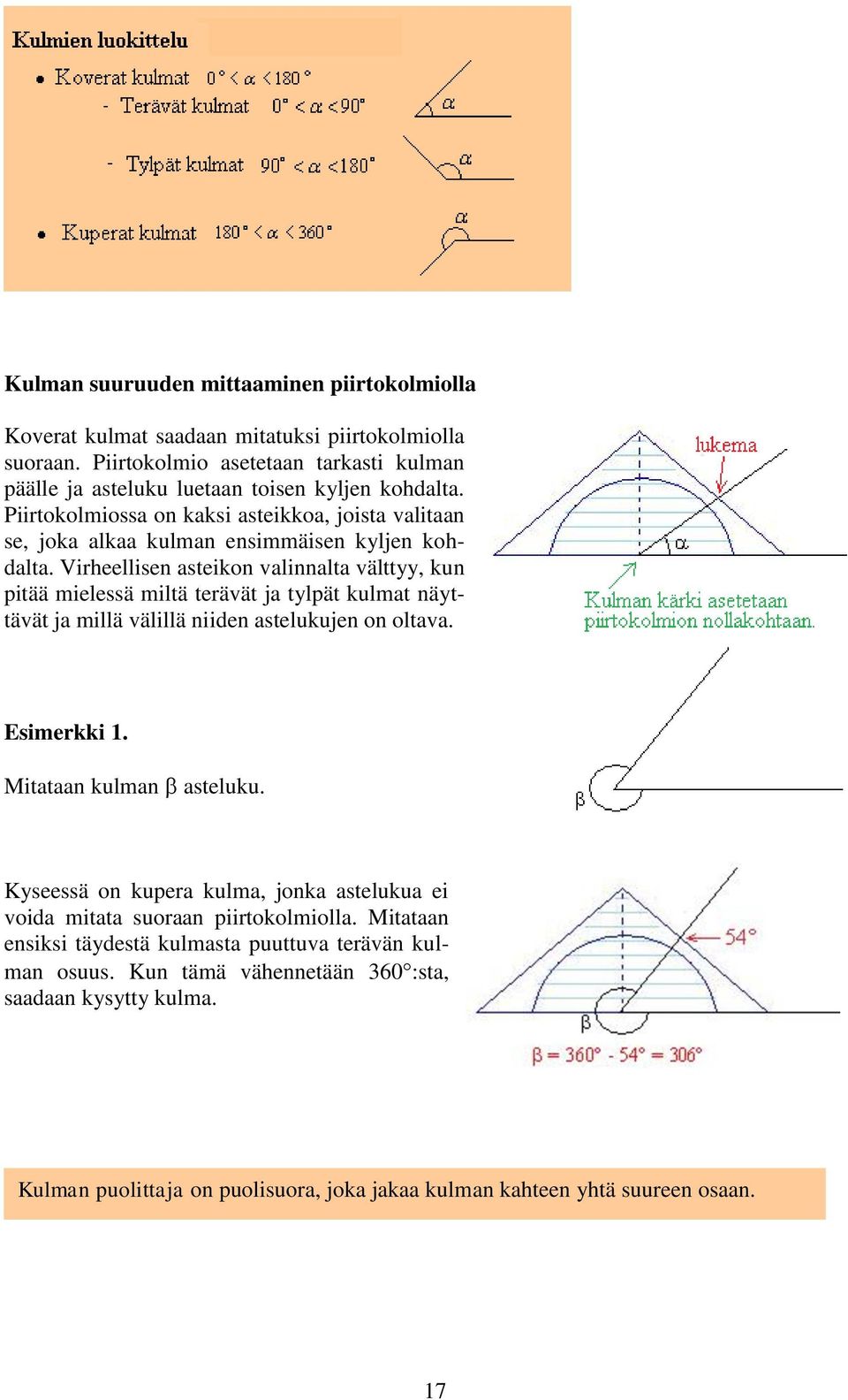 Virheellisen asteikon valinnalta välttyy, kun pitää mielessä miltä terävät ja tylpät kulmat näyttävät ja millä välillä niiden astelukujen on oltava. Esimerkki 1. Mitataan kulman asteluku.