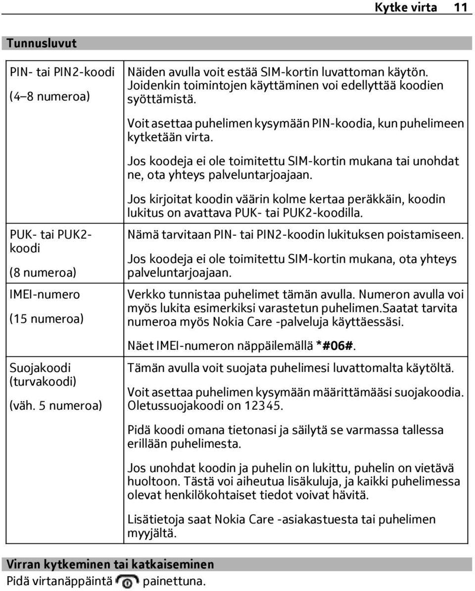 Voit asettaa puhelimen kysymään PIN-koodia, kun puhelimeen kytketään virta. Jos koodeja ei ole toimitettu SIM-kortin mukana tai unohdat ne, ota yhteys palveluntarjoajaan.