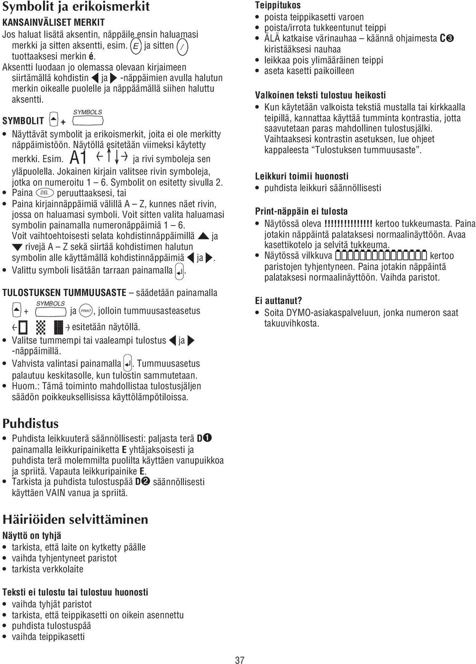 SYMBOLS SYMBOLIT + Näyttävät symbolit ja erikoismerkit, joita ei ole merkitty näppäimistöön. Näytöllä esitetään viimeksi käytetty merkki. Esim. A1 ja rivi symboleja sen yläpuolella.