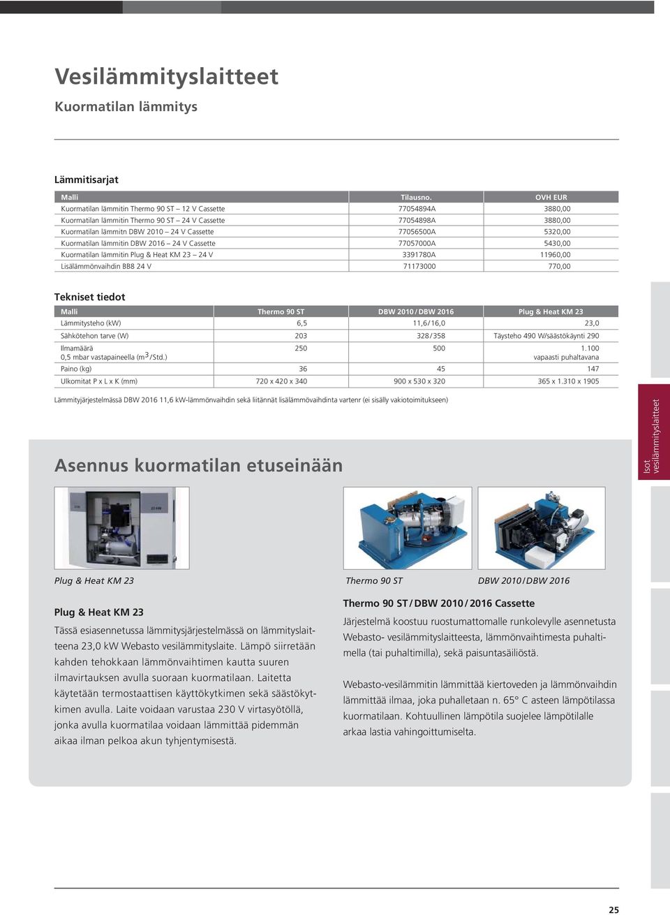 5320,00 Kuormatilan lämmitin DBW 2016 24 V Cassette 77057000A 5430,00 Kuormatilan lämmitin Plug & Heat KM 23 24 V 3391780A 11960,00 Lisälämmönvaihdin BB8 24 V 71173000 770,00 Tekniset tiedot Malli