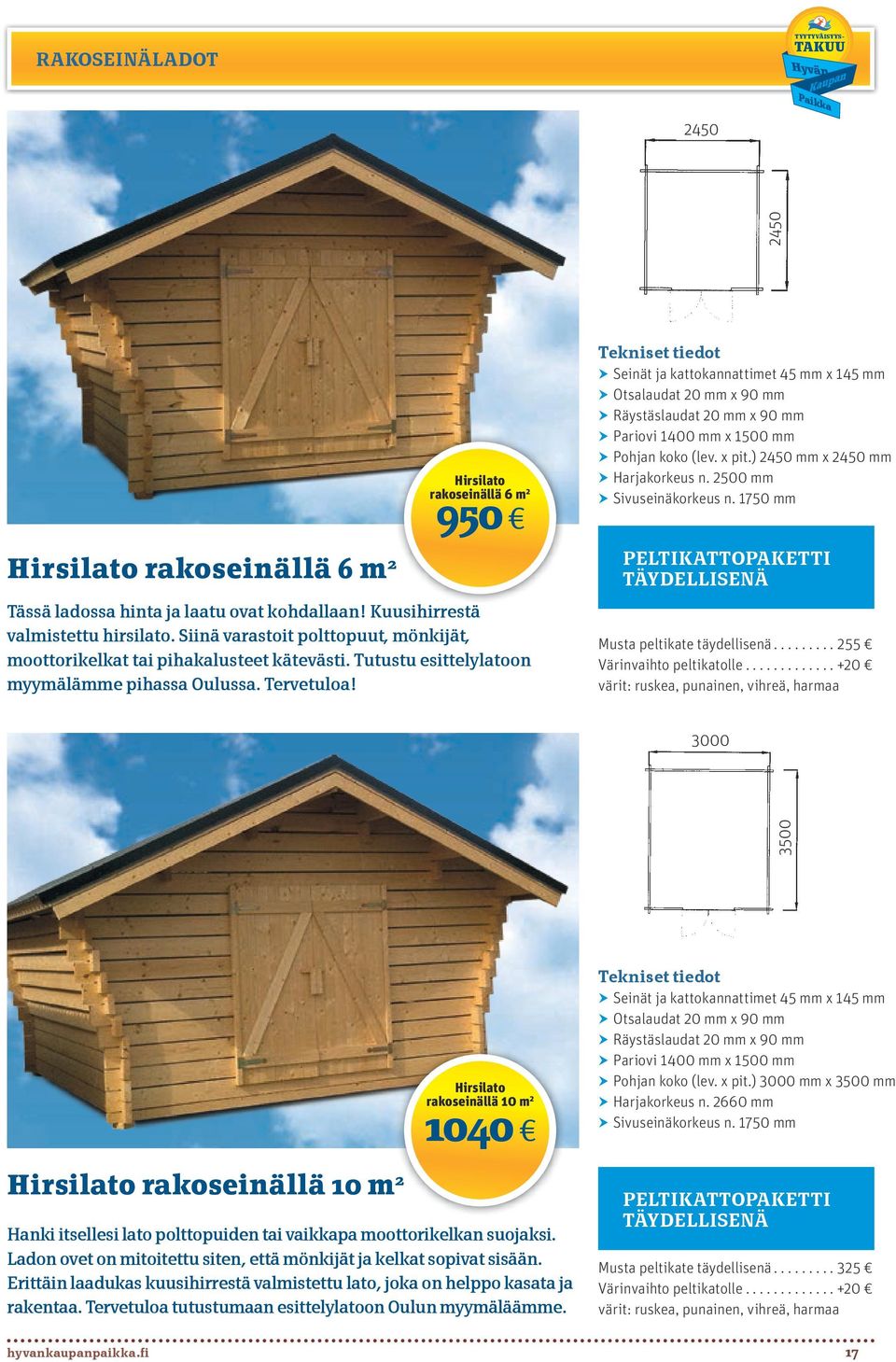 hhseinät ja kattokannattimet 45 mm x 145 mm hhotsalaudat 20 mm x 90 mm hhräystäslaudat 20 mm x 90 mm hhpariovi 1400 mm x 1500 mm hhpohjan koko (lev. x pit.) 2450 mm x 2450 mm hhharjakorkeus n.