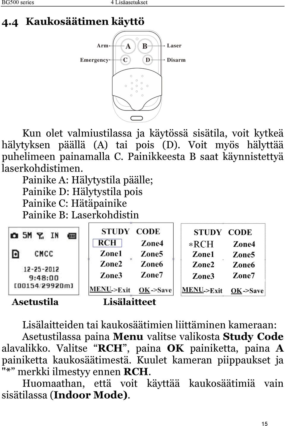 Painike A: Hälytystila päälle; Painike D: Hälytystila pois Painike C: Hätäpainike Painike B: Laserkohdistin Asetustila Lisälaitteet Lisälaitteiden tai kaukosäätimien