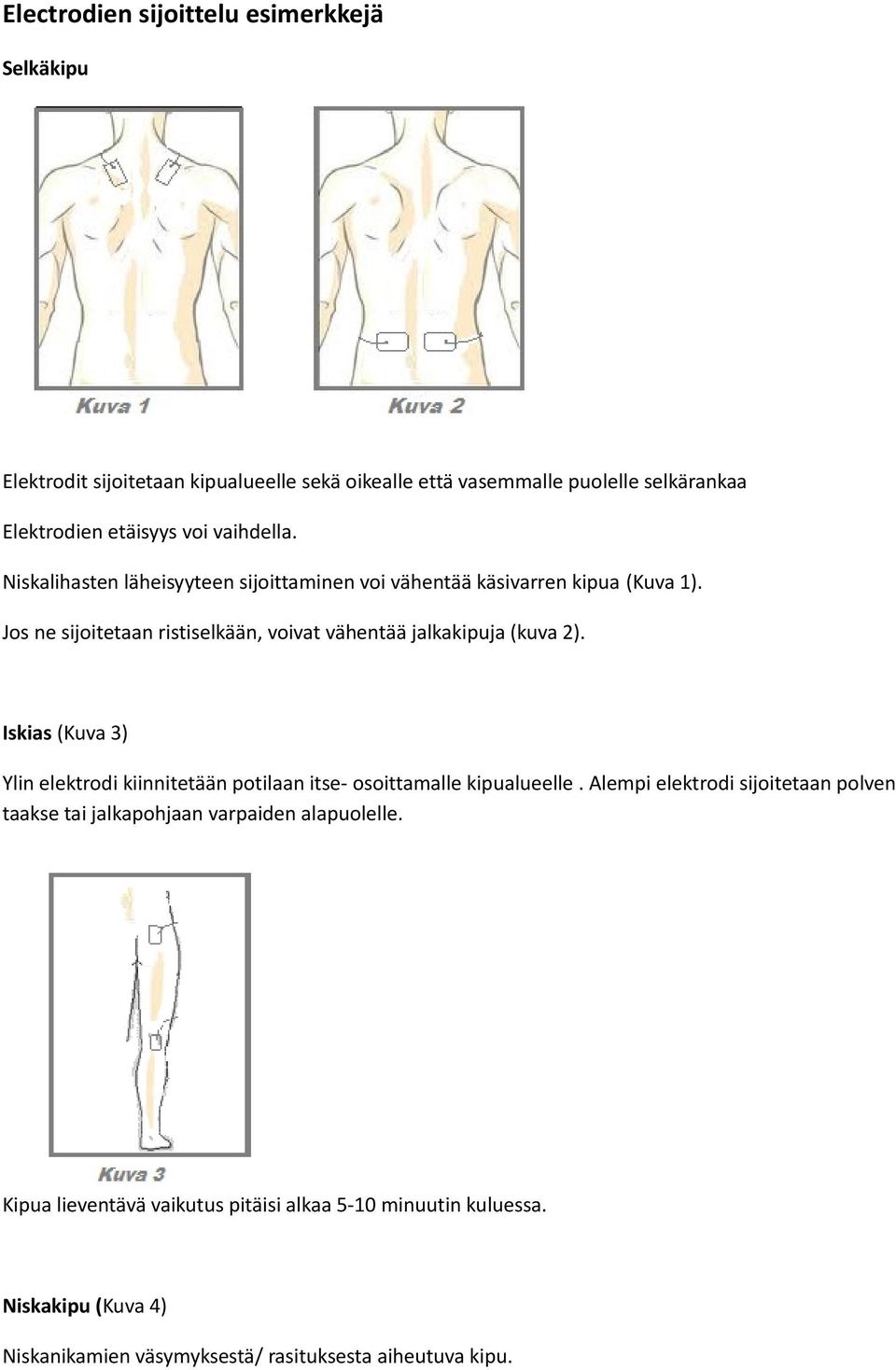 Jos ne sijoitetaan ristiselkään, voivat vähentää jalkakipuja (kuva 2). Iskias (Kuva 3) Ylin elektrodi kiinnitetään potilaan itse- osoittamalle kipualueelle.