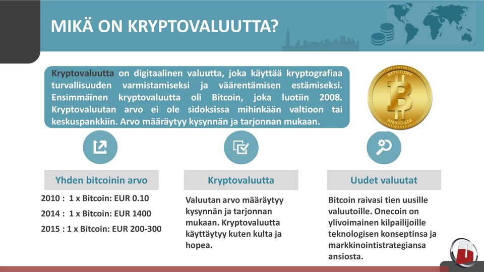 Yhden bitcoinin arvo 2010 : 1 x Bitcoin: EUR 0.10 2014 : 1 x Bitcoin: EUR 1400 2015 : 1 x Bitcoin: EUR 200-300 Kryptovaluutta Valuutan arvo määräytyy kysynnän ja tarjonnan mukaan.