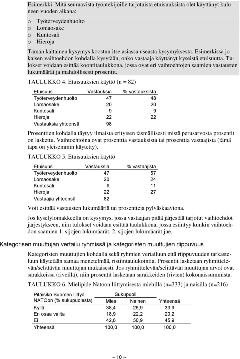 useasta kysymyksestä. Esimerkissä jokaisen vaihtoehdon kohdalla kysytään, onko vastaaja käyttänyt kyseistä etuisuutta.