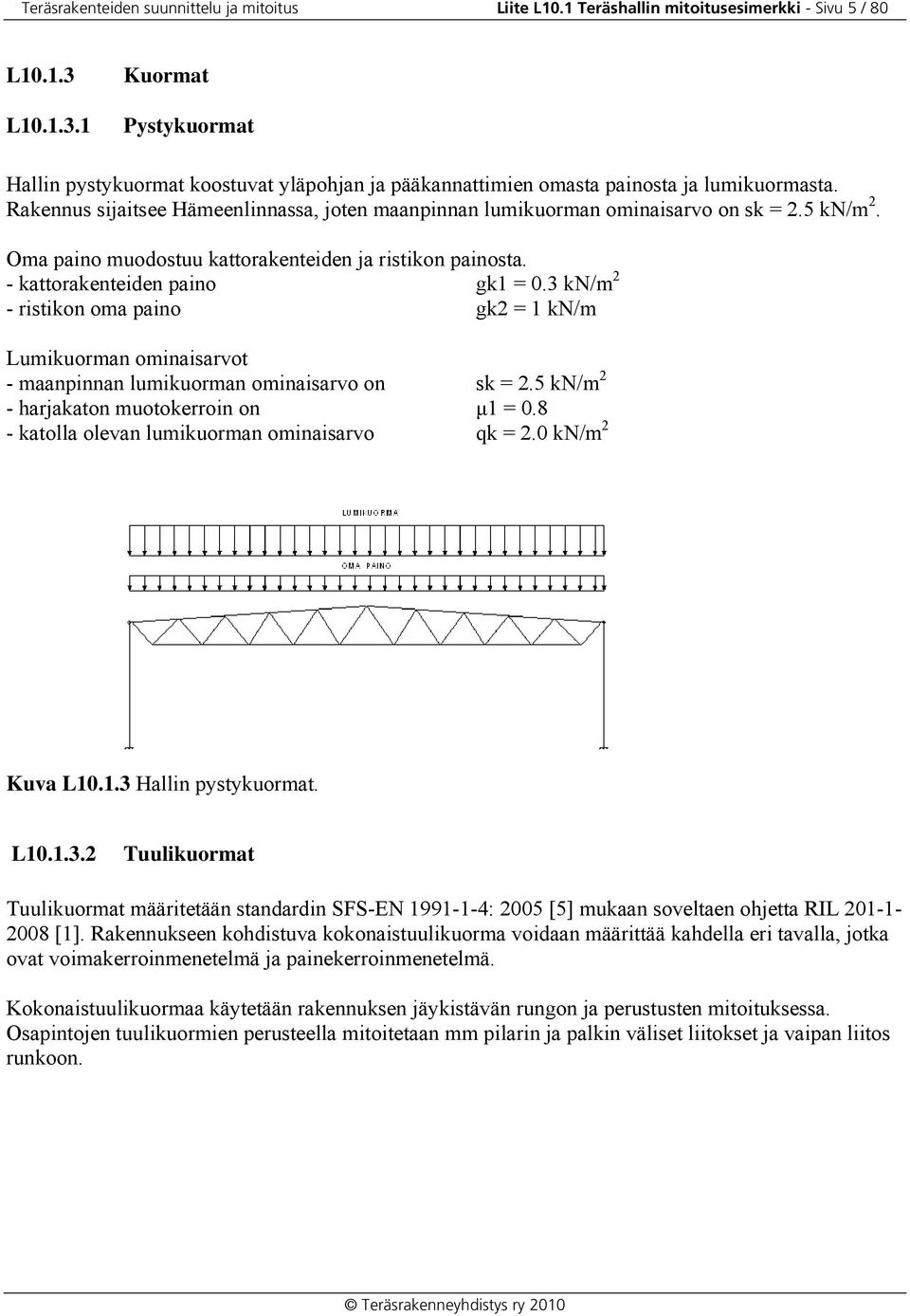 Rakennus sijaitsee Hämeenlinnassa, joten maanpinnan lumikuorman ominaisarvo on sk =.5 kn/m. Oma paino muodostuu kattorakenteiden ja ristikon painosta. - kattorakenteiden paino gk1 = 0.