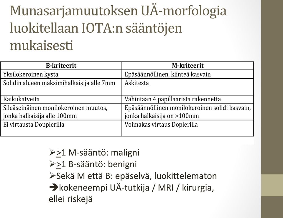 sääntö: benigni Ø Sekä M eaä B: epäselvä,