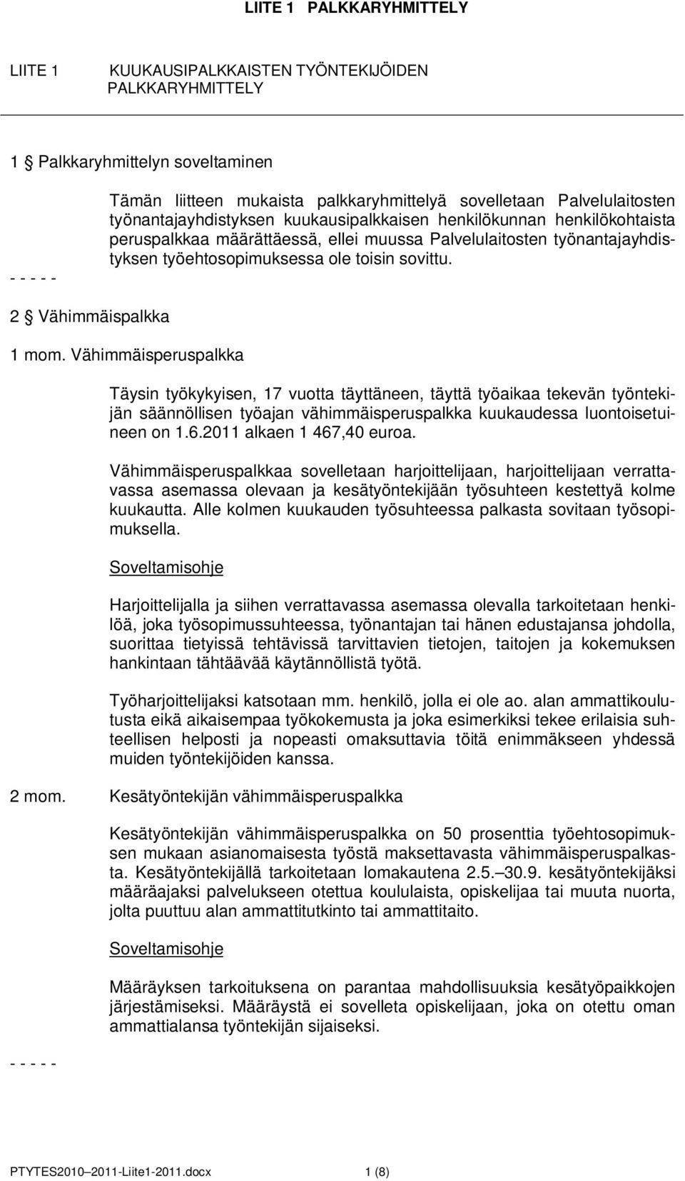 Vähimmäisperuspalkka Täysin työkykyisen, 17 vuotta täyttäneen, täyttä työaikaa tekevän työntekijän säännöllisen työajan vähimmäisperuspalkka kuukaudessa luontoisetuineen on 1.6.