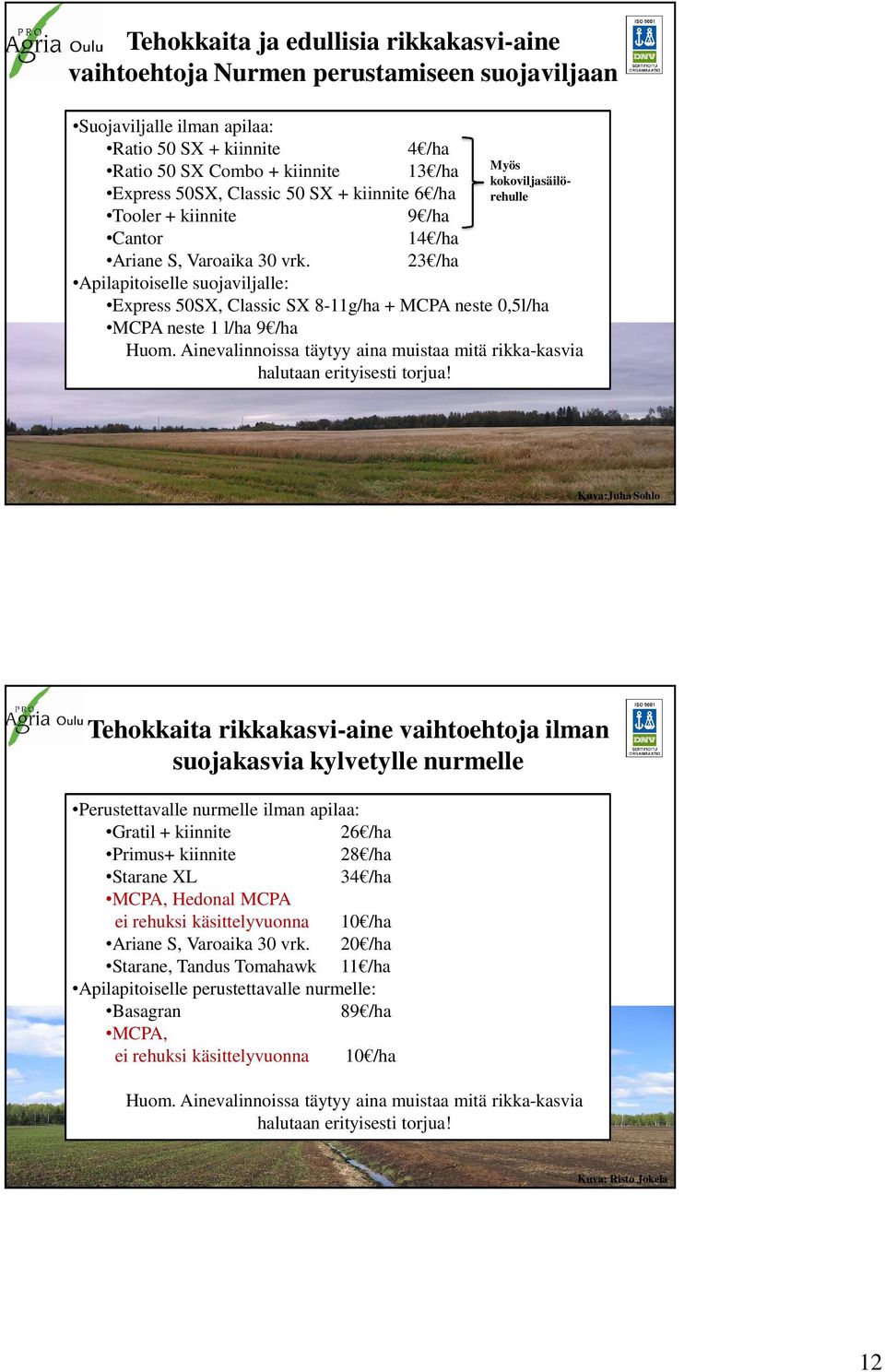 23 /ha Apilapitoiselle suojaviljalle: Express 50SX, Classic SX 8-11g/ha + MCPA neste 0,5l/ha MCPA neste 1 l/ha 9 /ha Huom.