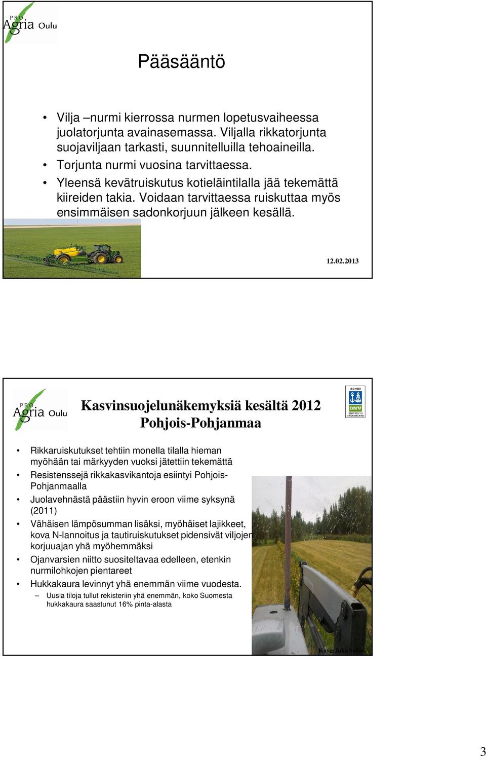 2013 Kasvinsuojelunäkemyksiä kesältä 2012 Pohjois-Pohjanmaa Rikkaruiskutukset tehtiin monella tilalla hieman myöhään tai märkyyden vuoksi jätettiin tekemättä Resistenssejä rikkakasvikantoja esiintyi