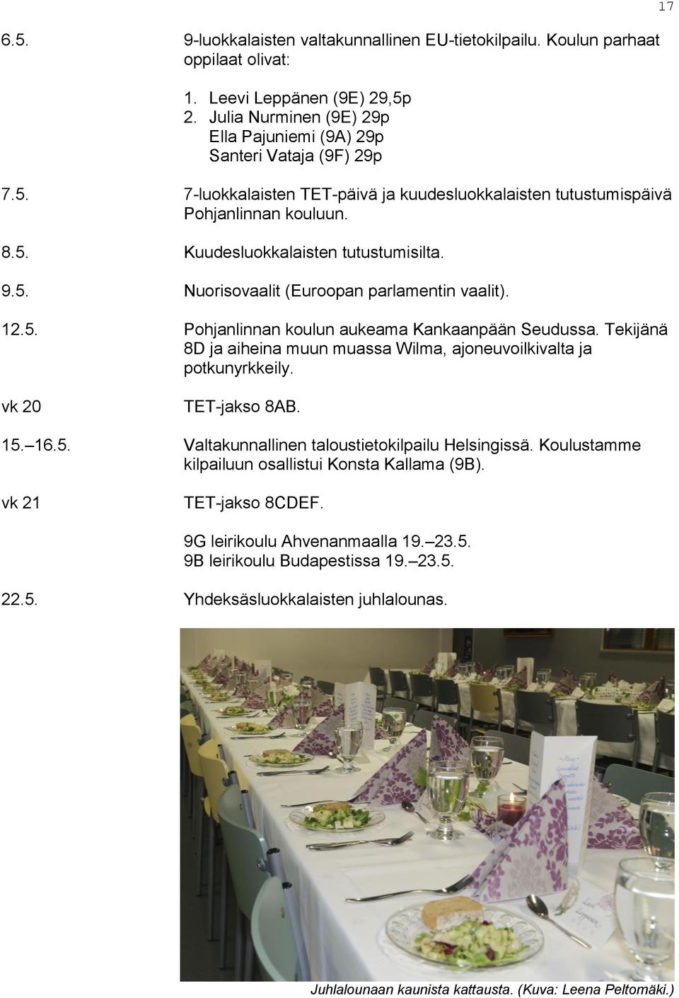 Tekijänä 8D ja aiheina muun muassa Wilma, ajoneuvoilkivalta ja potkunyrkkeily. 17 vk 20 TET-jakso 8AB. 15. 16.5. Valtakunnallinen taloustietokilpailu Helsingissä.