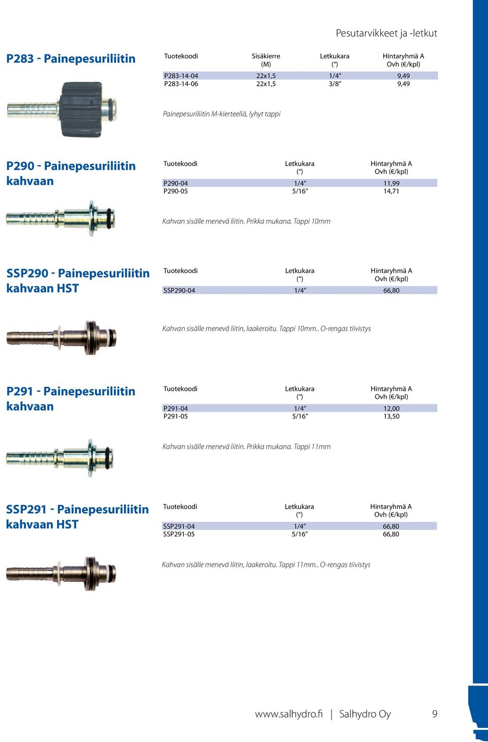 Tappi 10mm SSP290 - Painepesuriliitin kahvaan HST Letkukara ( ) Hintaryhmä A SSP290-04 1/4 66,80 Kahvan sisälle menevä liitin, laakeroitu. Tappi 10mm.