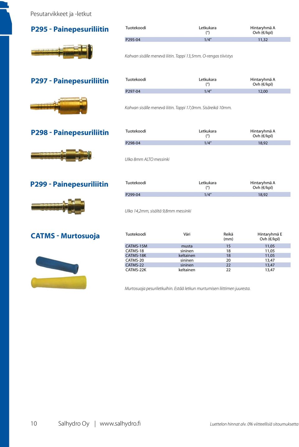 P298 - Painepesuriliitin Letkukara ( ) Hintaryhmä A P298-04 1/4 18,92 Ulko 8mm ALTO messinki P299 - Painepesuriliitin Letkukara ( ) Hintaryhmä A P299-04 1/4 18,92 Ulko 14,2mm, sisältä 9,8mm messinki