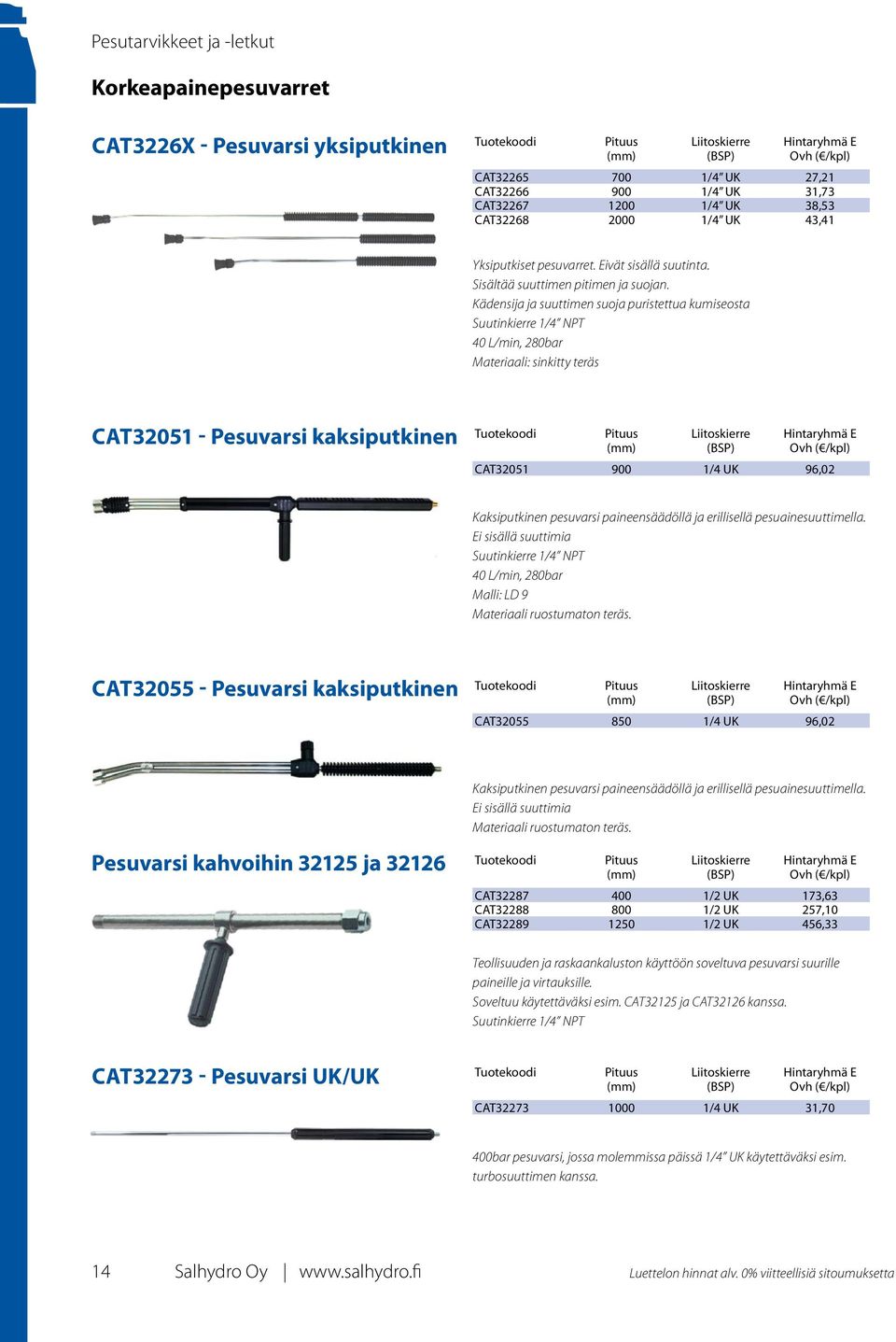 Kädensija ja suuttimen suoja puristettua kumiseosta Suutinkierre 1/4 NPT 40 L/min, 280bar Materiaali: sinkitty teräs cat32051 - Pesuvarsi kaksiputkinen Pituus Liitoskierre Hintaryhmä E CAT32051 900