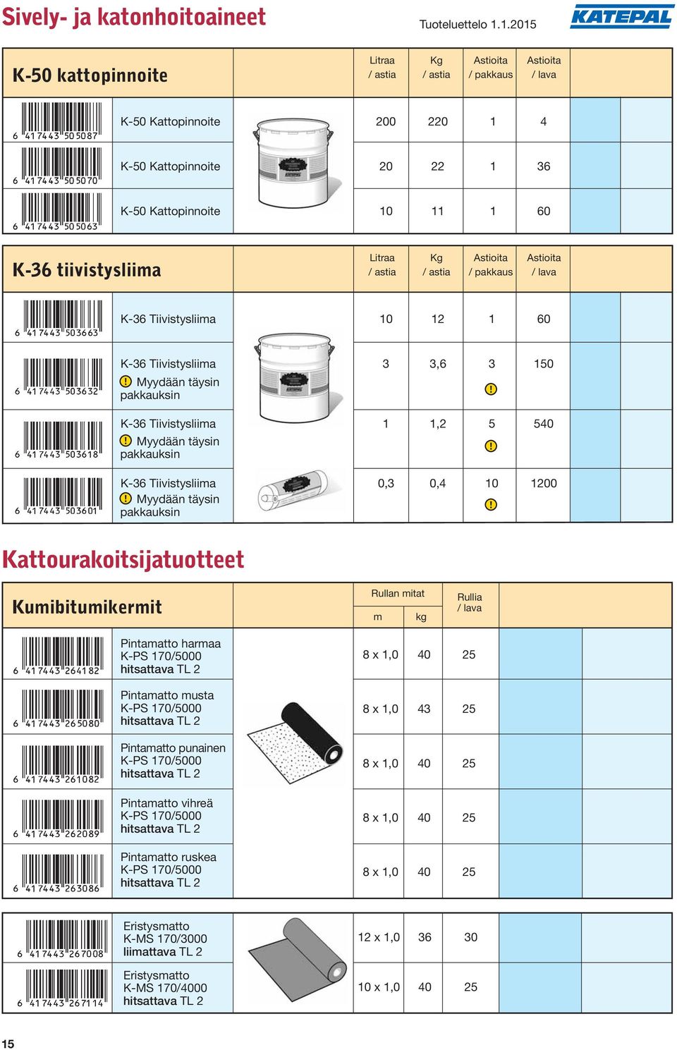 Kumibitumikermit m kg Pintamatto harmaa K-PS 170/5000 hitsattava TL 2 Pintamatto musta K-PS 170/5000 hitsattava TL 2 Pintamatto punainen K-PS 170/5000 hitsattava TL 2 Pintamatto vihreä K-PS 170/5000