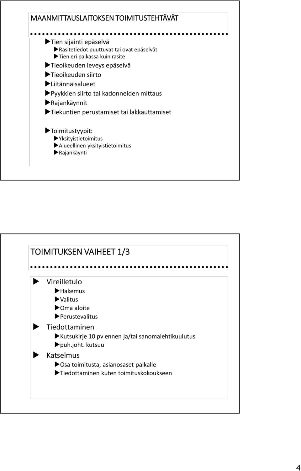 Toimitustyypit: Yksityistietoimitus Alueellinen yksityistietoimitus Rajankäynti TOIMITUKSEN VAIHEET 1/3 Vireilletulo Hakemus Valitus Oma aloite