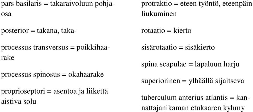 protraktio = eteen työntö, eteenpäin liukuminen rotaatio = kierto sisärotaatio = sisäkierto spina