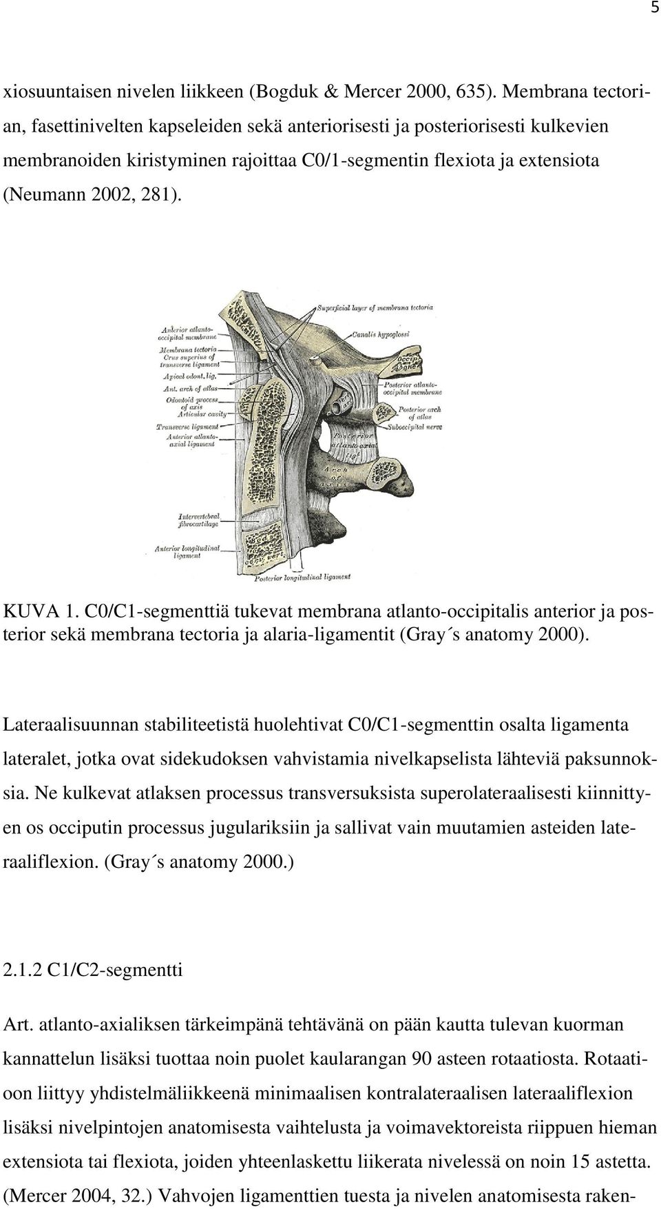 C0/C1-segmenttiä tukevat membrana atlanto-occipitalis anterior ja posterior sekä membrana tectoria ja alaria-ligamentit (Gray s anatomy 2000).