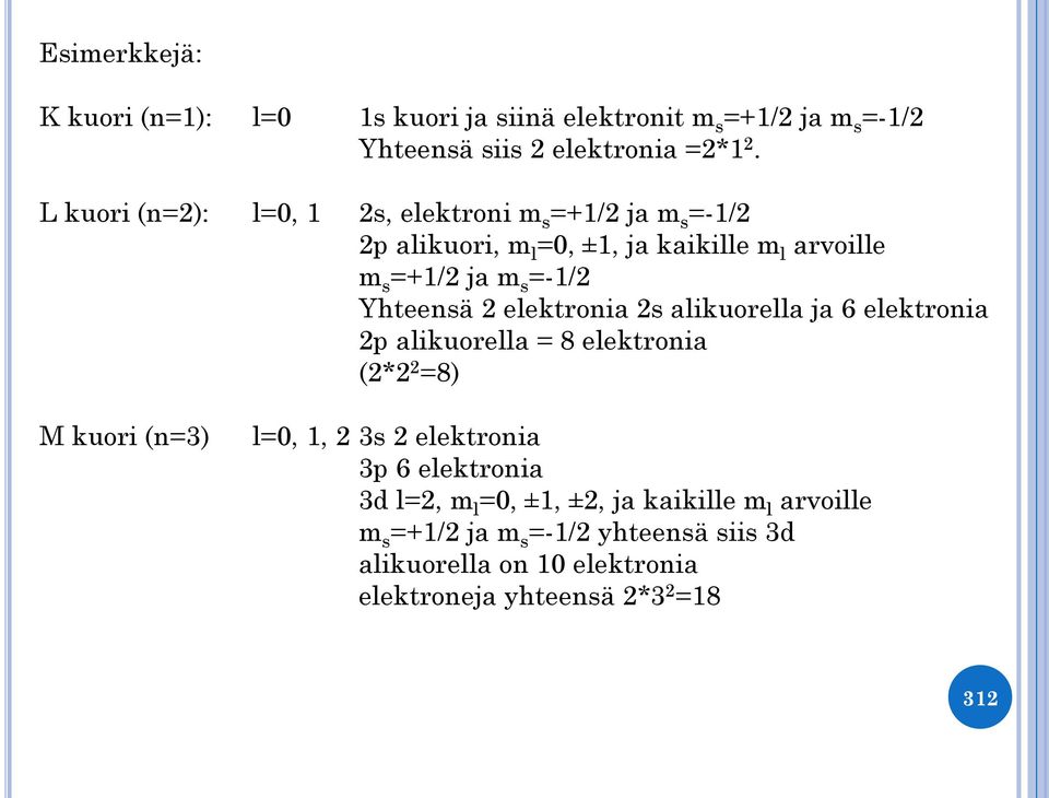 Yhteensä 2 elektronia 2s alikuorella ja 6 elektronia 2p alikuorella = 8 elektronia (2*2 2 =8) M kuori (n=3) l=0, 1, 2 3s 2 elektronia 3p 6