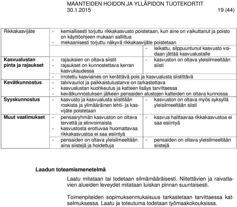 kasvuston on oltava yleisilmeeltään siisti - irrotettu kasviaines on kerättävä pois ja kasvualusta siistittävä Kevätkunnostus - talvivauriot ja paikkaistutustarve on tarkastettava - kasvualustan