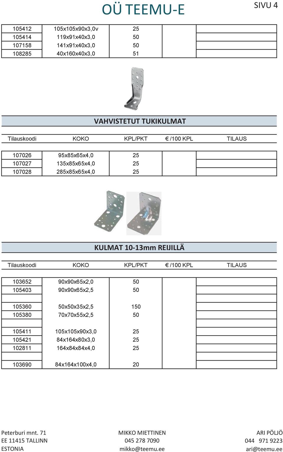 285x85x65x4,0 KULMAT 10-13mm REIJILLÄ Tilauskoodi KOKO KPL/PKT / KPL TILAUS 103652 90x90x65x2,0 105403