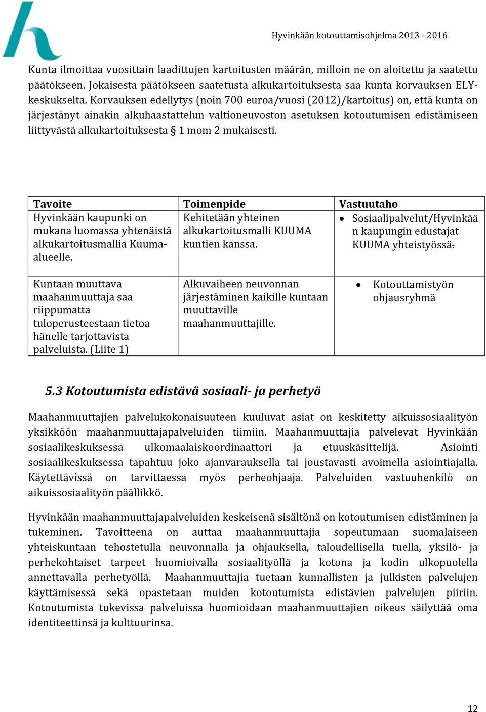 1 mom 2 mukaisesti. Hyvinkään kaupunki on mukana luomassa yhtenäistä alkukartoitusmallia Kuumaalueelle. Kehitetään yhteinen alkukartoitusmalli KUUMA kuntien kanssa.