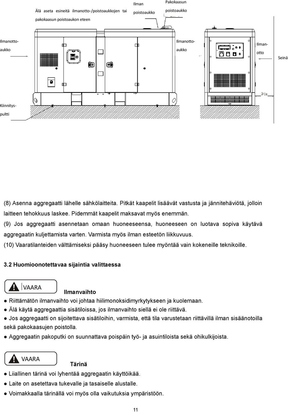 (9) Jos aggregaatti asennetaan omaan huoneeseensa, huoneeseen on luotava sopiva käytävä aggregaatin kuljettamista varten. Varmista myös ilman esteetön liikkuvuus.