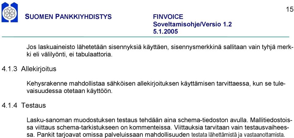 Lasku-sanoman muodostuksen testaus tehdään aina schema-tiedoston avulla. Mallitiedostoissa viittaus schema-tarkistukseen on kommenteissa.