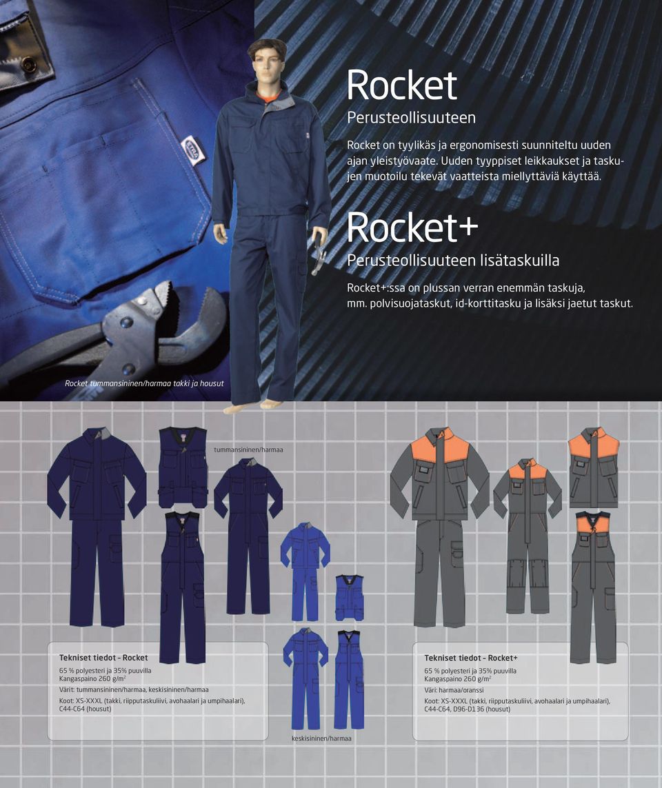 Rocket tummansininen/harmaa takki ja housut tummansininen/harmaa Tekniset tiedot Rocket 65 % polyesteri ja 35% puuvilla Kangaspaino 260 g/m 2 Värit: tummansininen/harmaa, keskisininen/harmaa Koot: