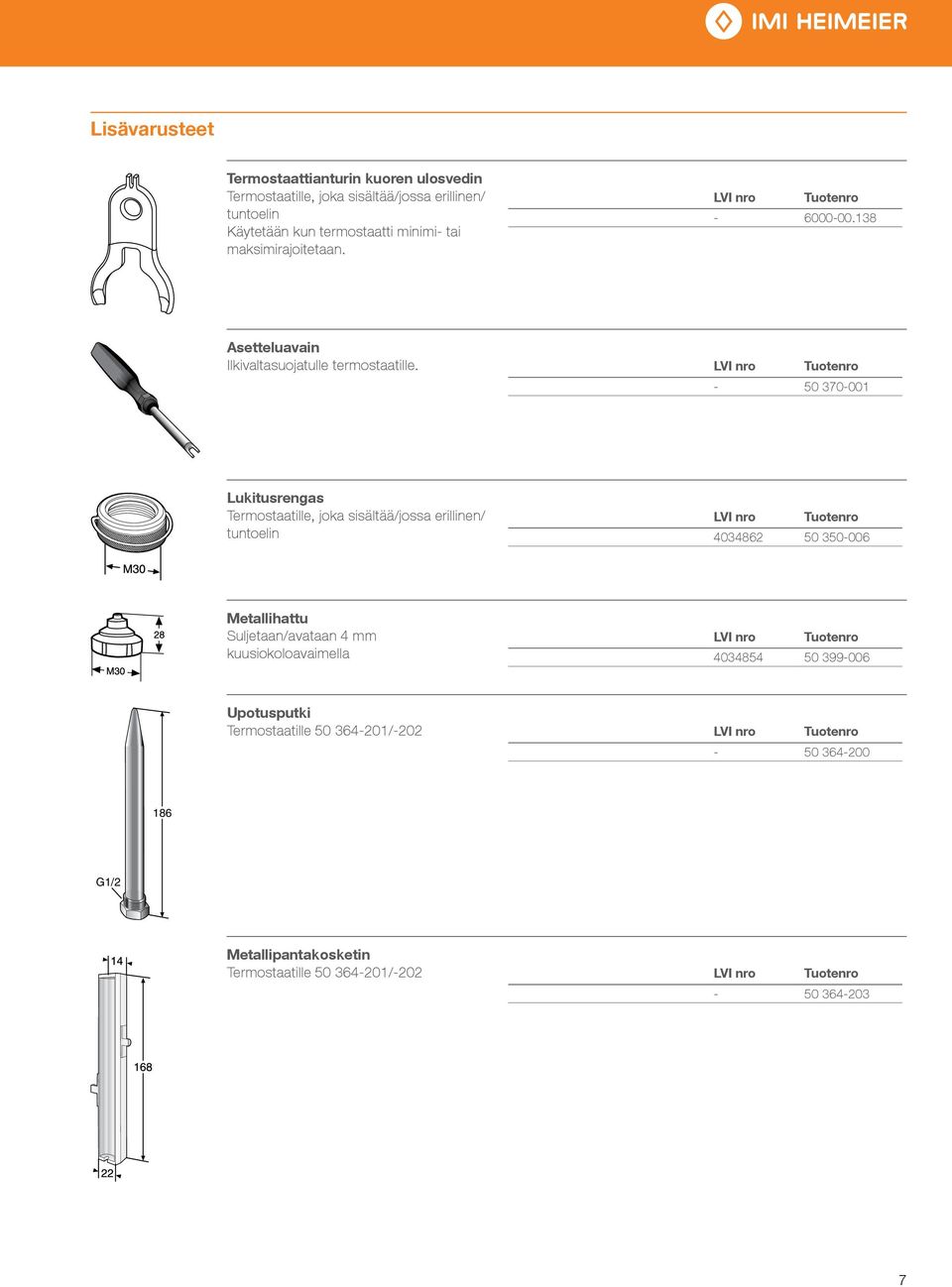 LVI nro Tuotenro - 50 370-001 Lukitusrengas Termostaatille, joka sisältää/jossa erillinen/ tuntoelin LVI nro Tuotenro 4034862 50 350-006 Metallihattu