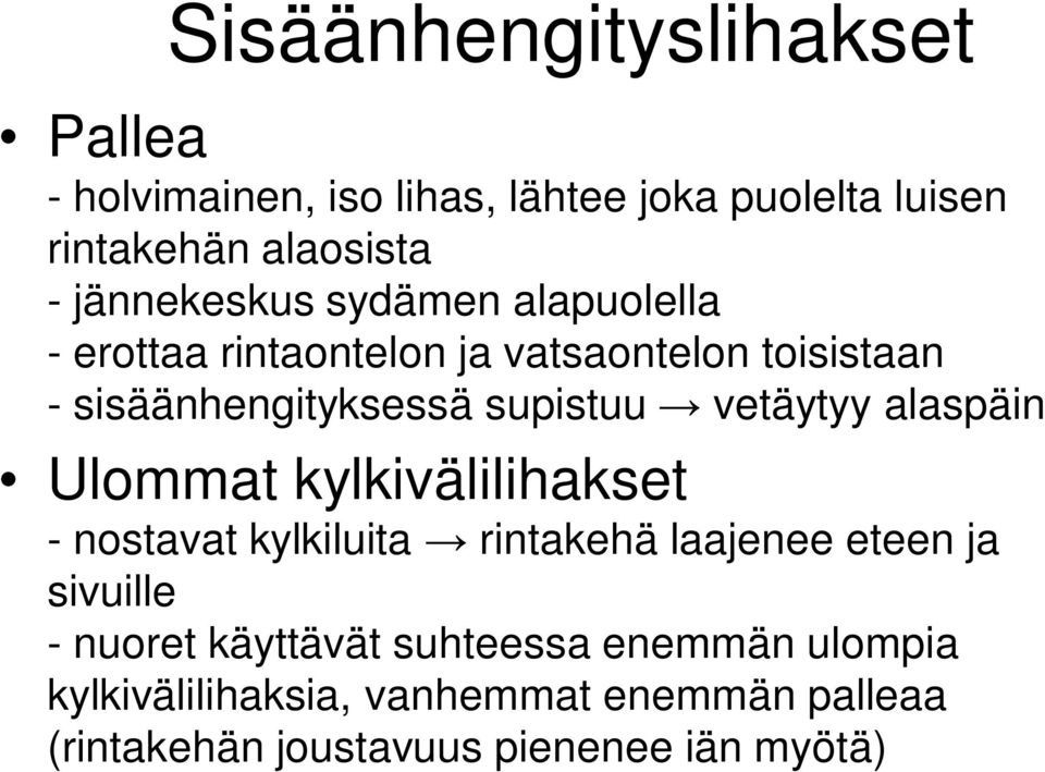 vetäytyy alaspäin Ulommat kylkivälilihakset - nostavat kylkiluita rintakehä laajenee eteen ja sivuille - nuoret