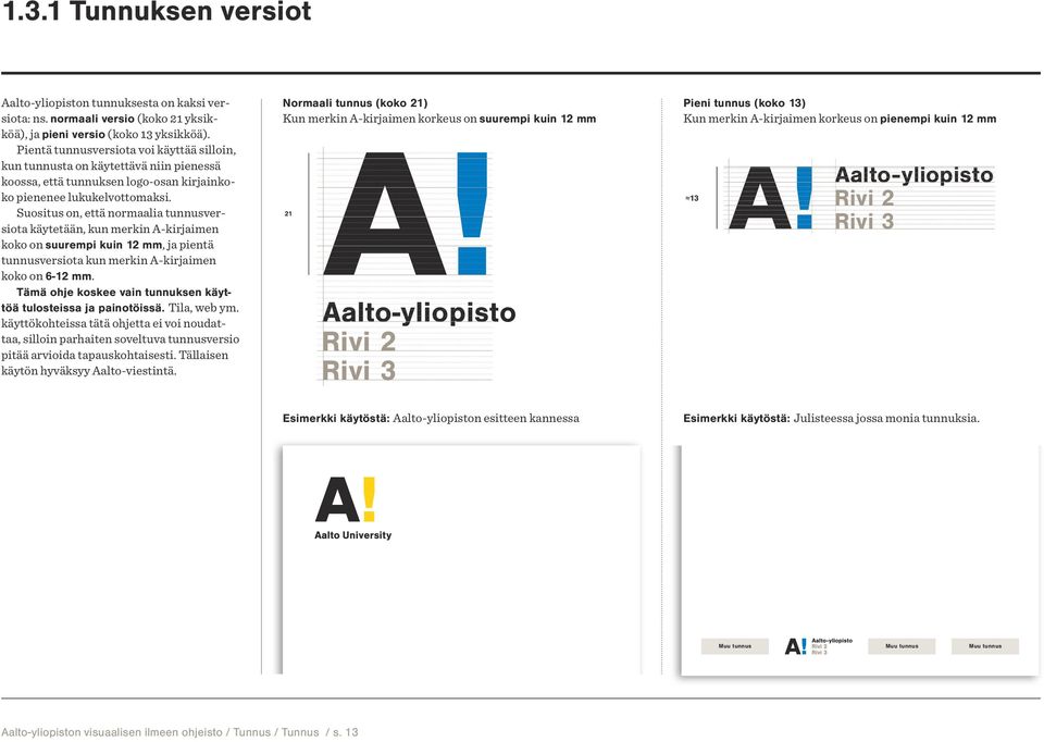 Suositus on, että normaalia tunnusversiota käytetään, kun merkin A-kirjaimen koko on suurempi kuin 12 mm, ja pientä tunnusversiota kun merkin A-kirjaimen koko on 6-12 mm.