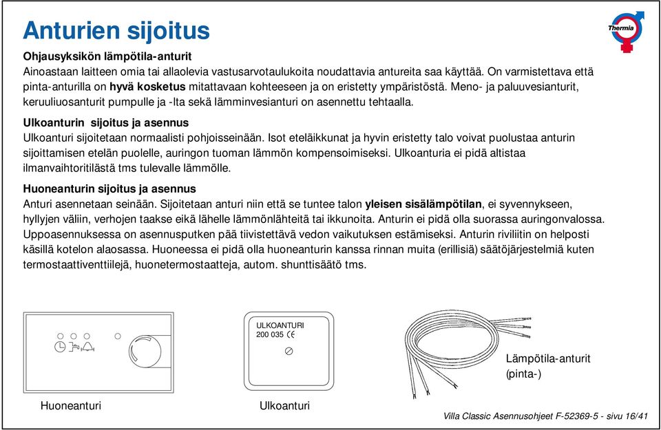Meno- ja paluuvesianturit, keruuliuosanturit pumpulle ja -lta sekä lämminvesianturi on asennettu tehtaalla. Ulkoanturin sijoitus ja asennus Ulkoanturi sijoitetaan normaalisti pohjoisseinään.