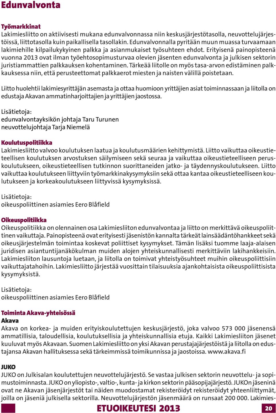 Erityisenä painopisteenä vuonna 2013 ovat ilman työehtosopimusturvaa olevien jäsenten edunvalvonta ja julkisen sektorin juristiammattien palkkauksen kohentaminen.