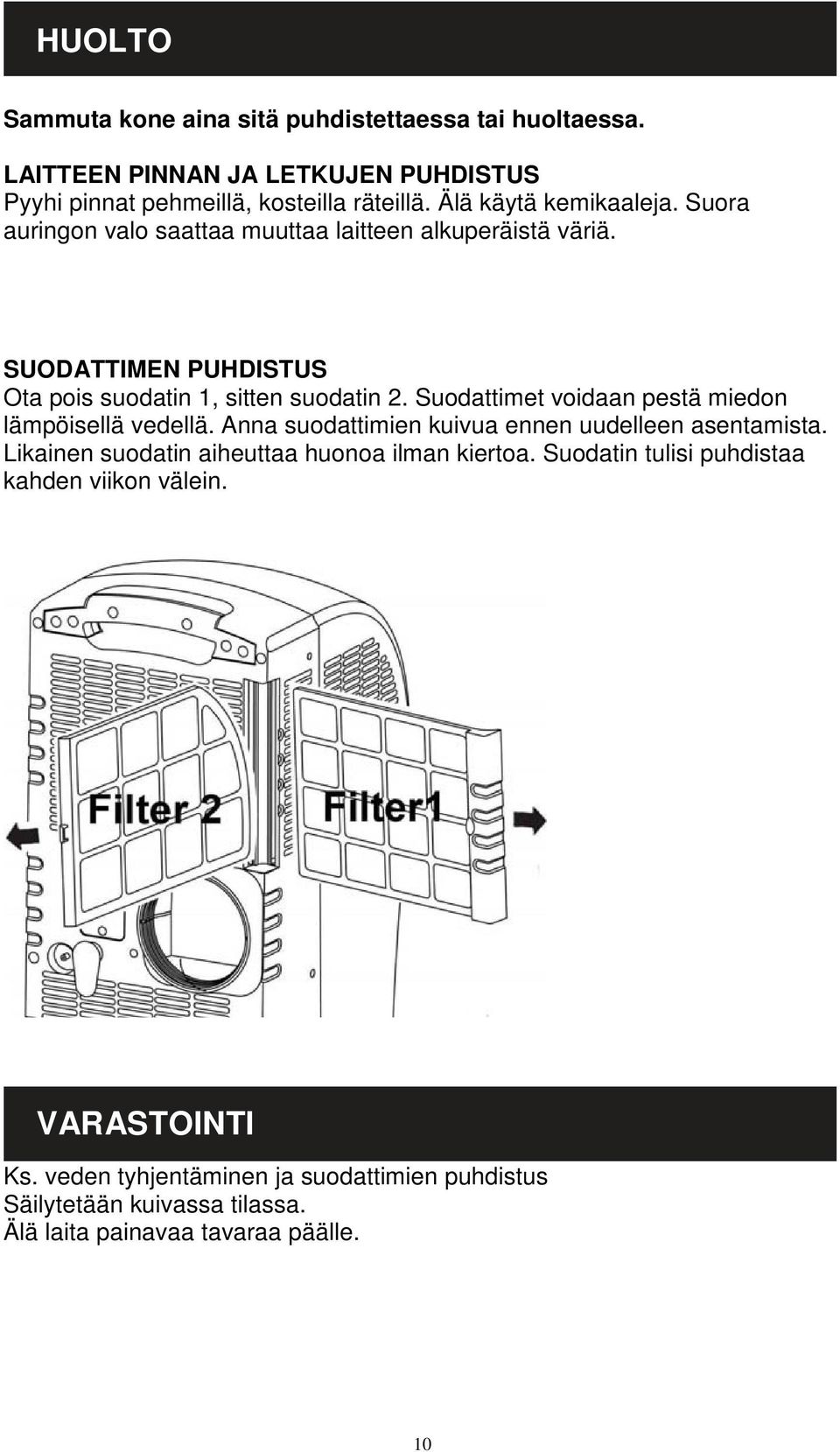 Suodattimet voidaan pestä miedon lämpöisellä vedellä. Anna suodattimien kuivua ennen uudelleen asentamista. Likainen suodatin aiheuttaa huonoa ilman kiertoa.