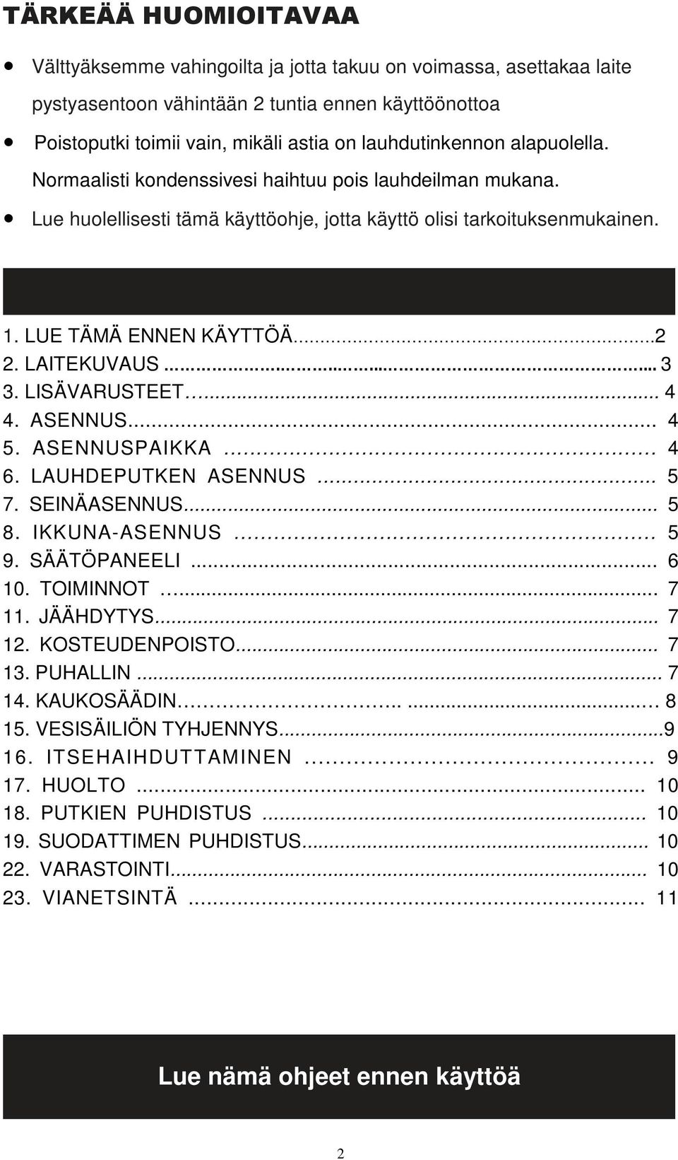 LAITEKUVAUS......... 3 3. LISÄVARUSTEET... 4 4. ASENNUS... 4 5. ASENNUSPAIKKA... 4 6. LAUHDEPUTKEN ASENNUS... 5 7. SEINÄASENNUS... 5 8. IKKUNA-ASENNUS... 5 9. SÄÄTÖPANEELI... 6 10. TOIMINNOT... 7 11.