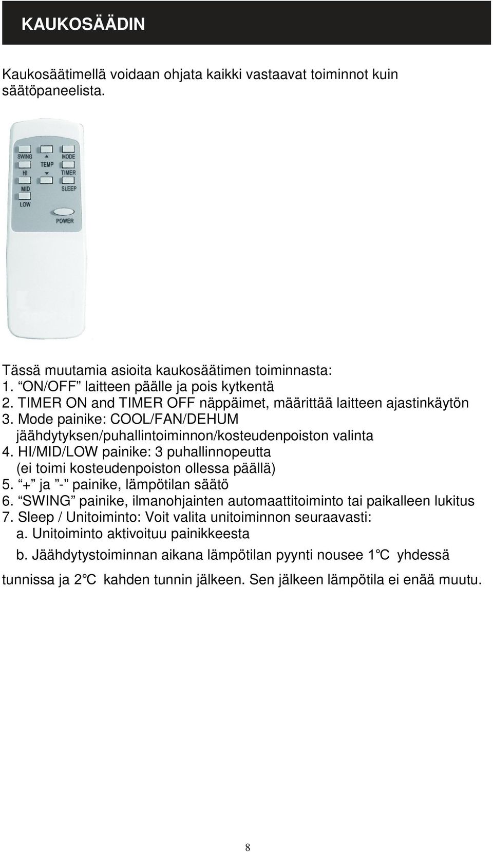 HI/MID/LOW painike: 3 puhallinnopeutta (ei toimi kosteudenpoiston ollessa päällä) 5. + ja - painike, lämpötilan säätö 6. SWING painike, ilmanohjainten automaattitoiminto tai paikalleen lukitus 7.