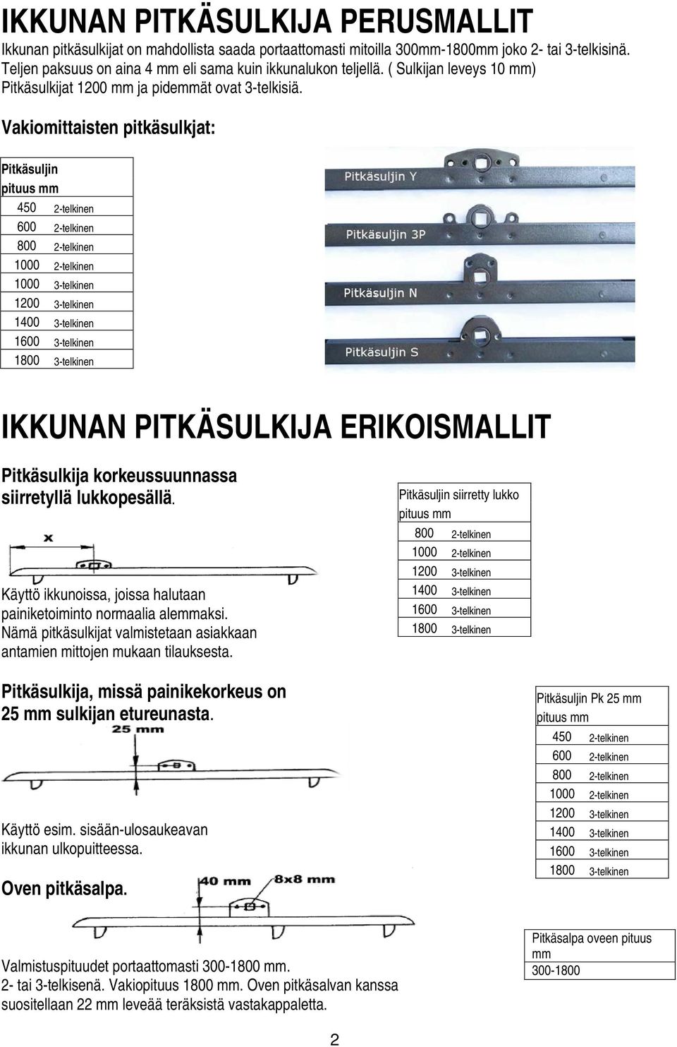 Vakiomittaisten pitkäsulkjat: Pitkäsuljin pituus mm 450 2-telkinen 600 2-telkinen 800 2-telkinen 1000 2-telkinen 1000 3-telkinen 1200 3-telkinen 1400 3-telkinen 1600 3-telkinen 1800 3-telkinen