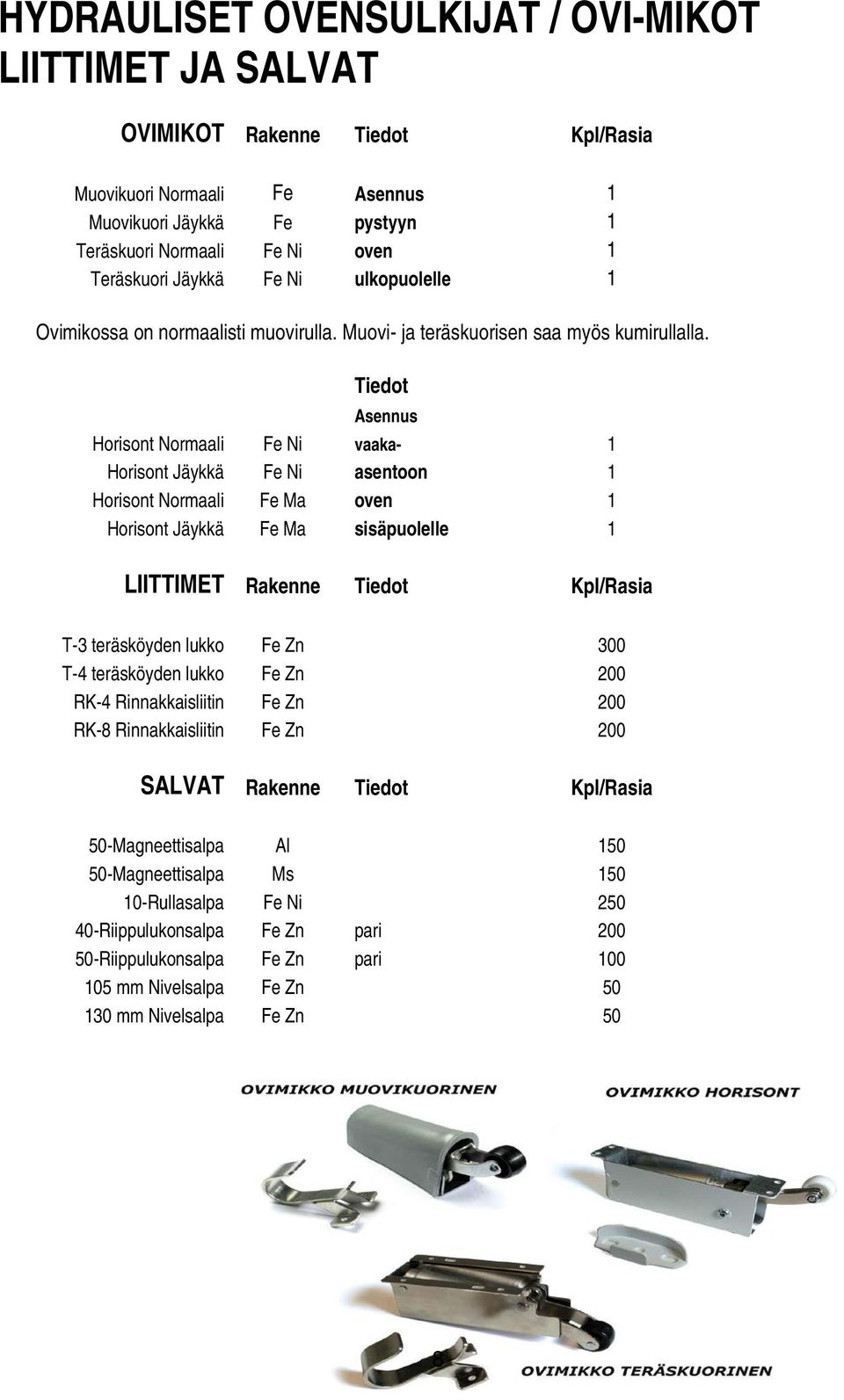 Tiedot Asennus Horisont Normaali Fe Ni vaaka- 1 Horisont Jäykkä Fe Ni asentoon 1 Horisont Normaali Fe Ma oven 1 Horisont Jäykkä Fe Ma sisäpuolelle 1 LIITTIMET Rakenne Tiedot Kpl/Rasia T-3 teräsköyden