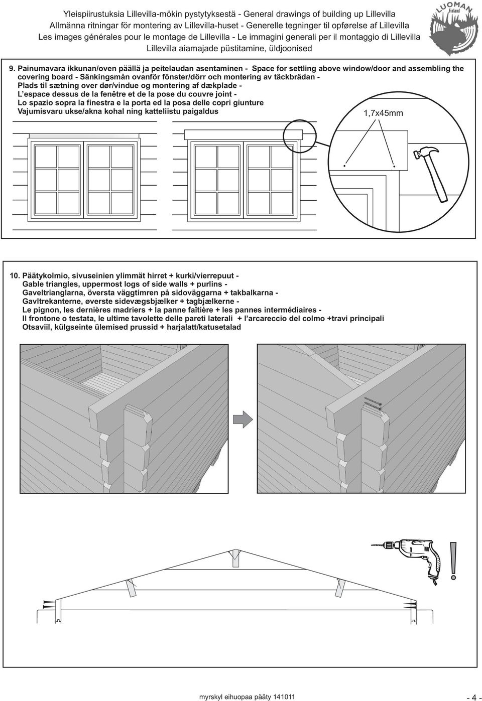 Painumavara ikkunan/oven päällä ja peitelaudan asentaminen - Space for settling above window/door and assembling the covering board - Sänkingsmån ovanför fönster/dörr och montering av täckbrädan -