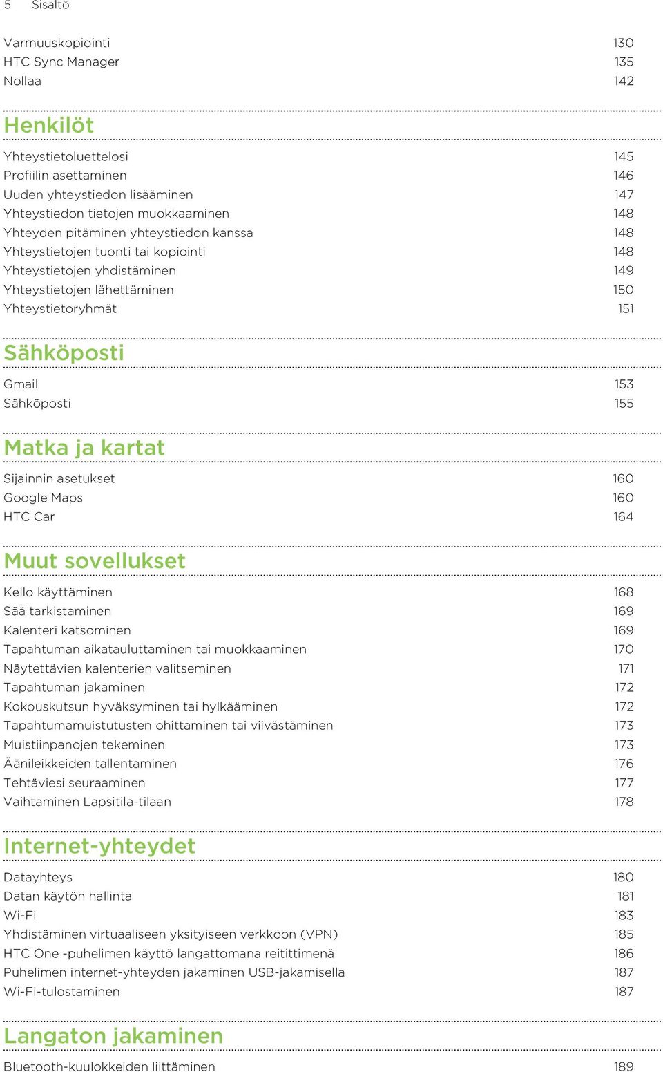 Sähköposti 155 Matka ja kartat Sijainnin asetukset 160 Google Maps 160 HTC Car 164 Muut sovellukset Kello käyttäminen 168 Sää tarkistaminen 169 Kalenteri katsominen 169 Tapahtuman aikatauluttaminen