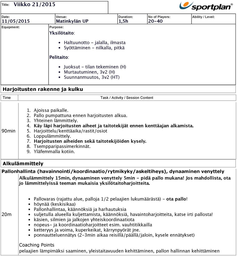 Harjoitusten rakenne ja kulku. Alkulämmittely. Yksilötaito: Haltuunotto -  jalalla, ilmasta Syöttäminen - nilkalla, pitkä. - PDF Ilmainen lataus