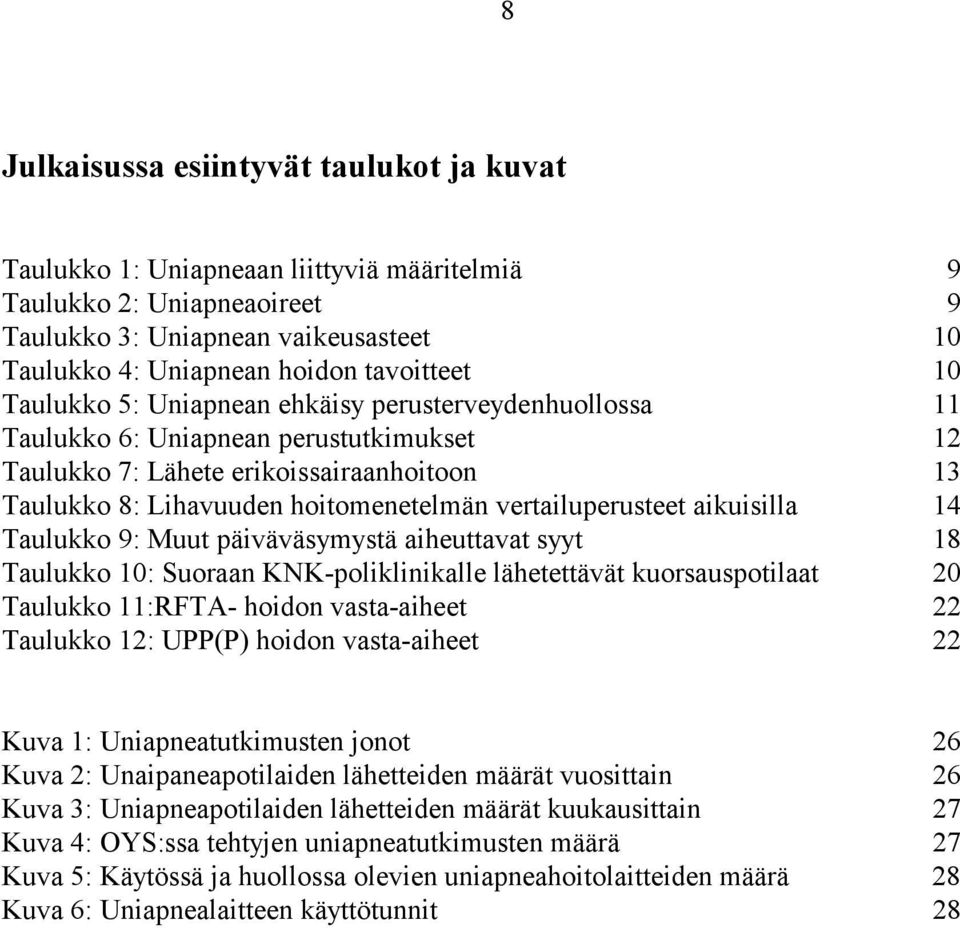 vertailuperusteet aikuisilla 14 Taulukko 9: Muut päiväväsymystä aiheuttavat syyt 18 Taulukko 10: Suoraan KNK-poliklinikalle lähetettävät kuorsauspotilaat 20 Taulukko 11:RFTA- hoidon vasta-aiheet 22